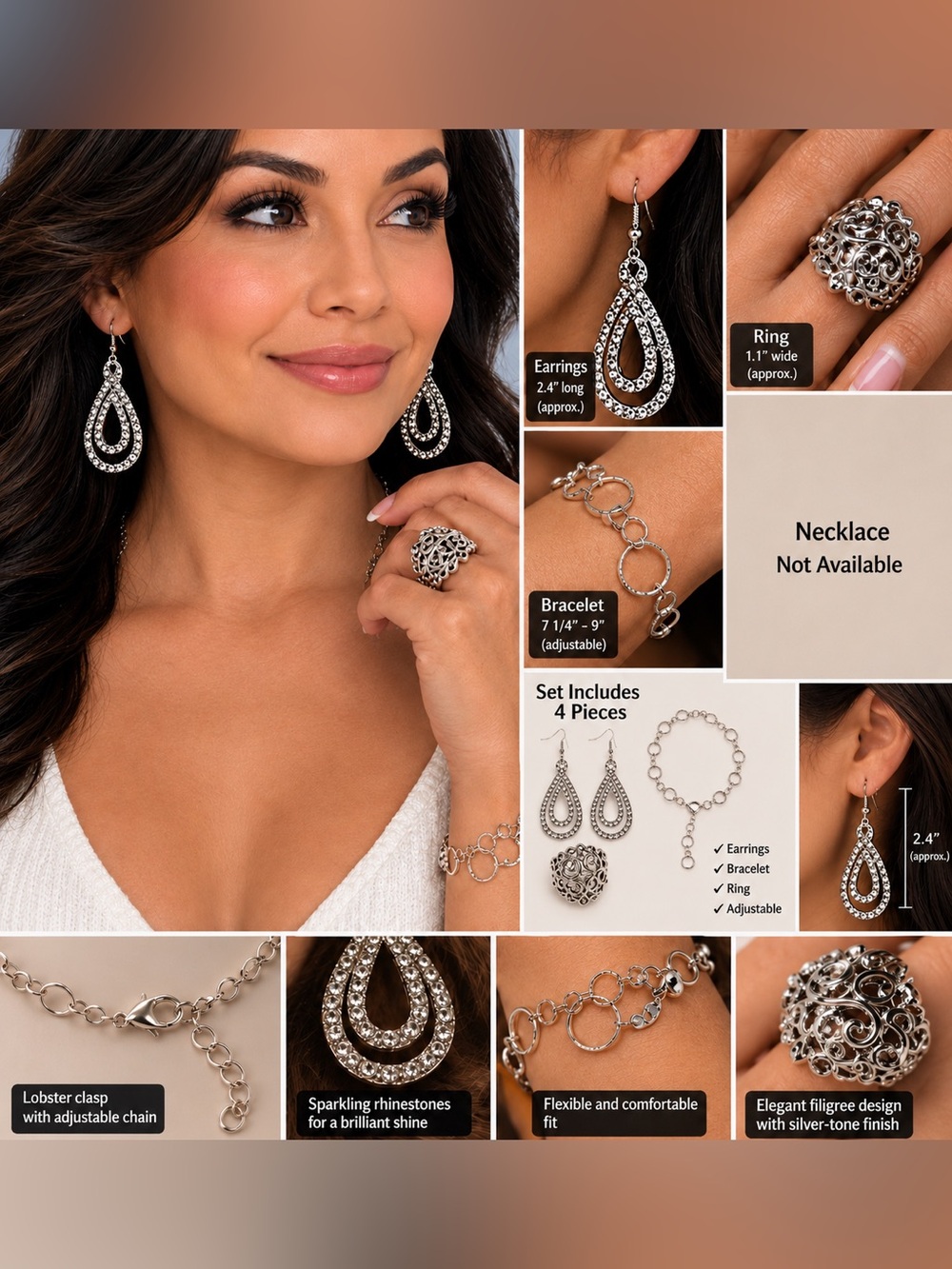 4 pcs Silver-Tone Women’s Jewelry Set — Earrings, Bracelet & Ring